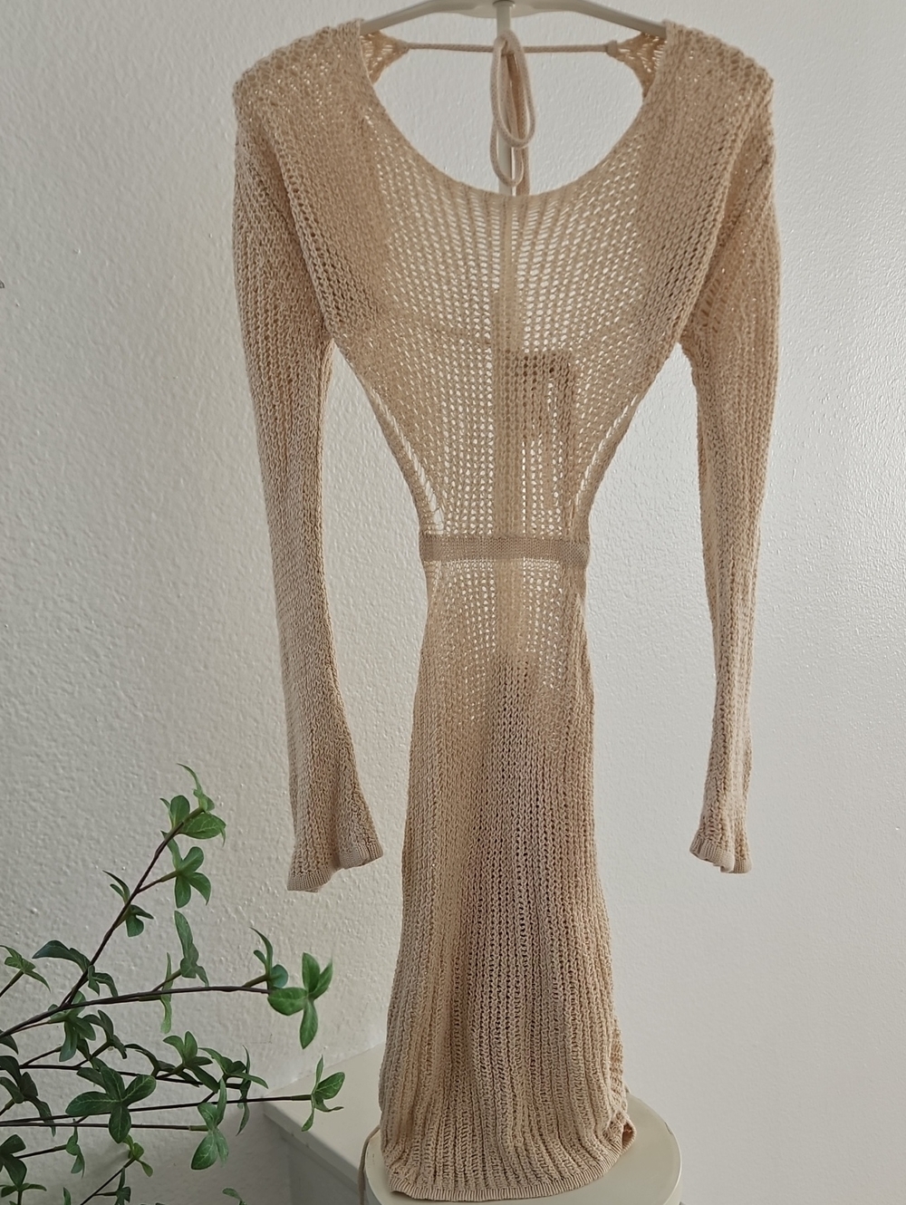 Beige Open-Knit Long Sleeve Swim Coverup Dress